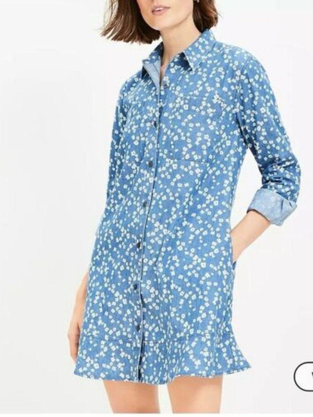 Retro bloom chambray / denim mini shirtdress with pockets.